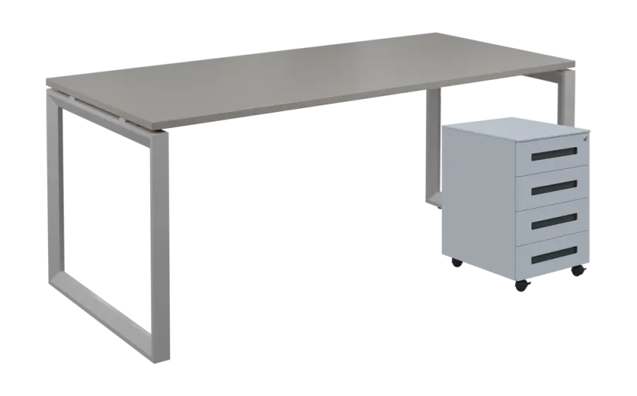 SET-OK 388 stůl kancelářský, kovová podnož stříbrná + kontejner pojízdný, 4-zásuvkový, šedá